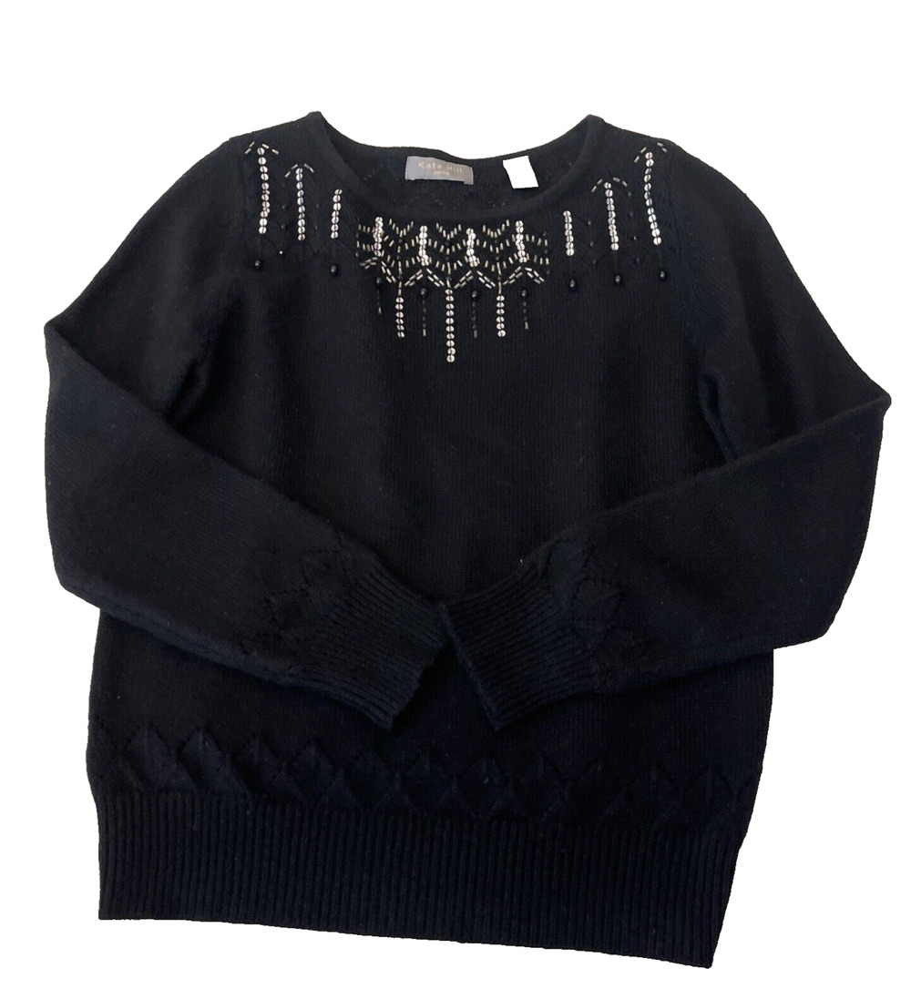 Kate Hill Womens Angora Blend Sweater SZ PM Black Boat Neck Sequins